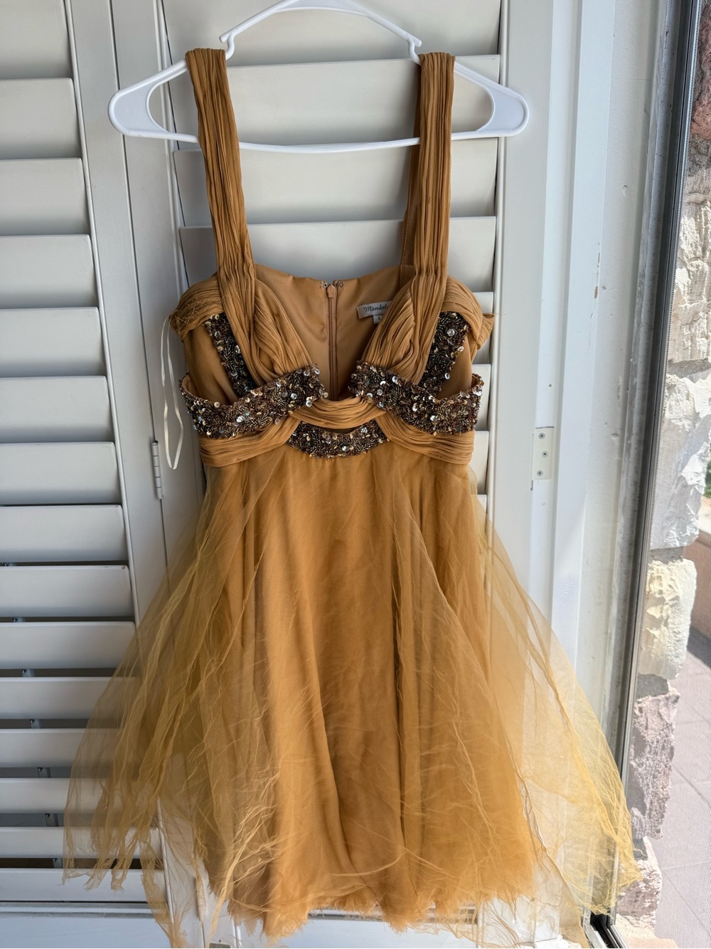 Mandalay Gold Sequin Empire Waist Tulle Party Dress sz 6